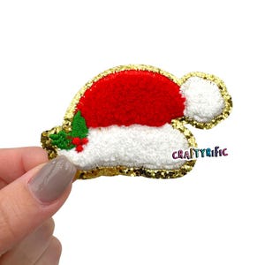 May include: A red and white felt Santa hat with a gold glitter trim and a green holly sprig. The hat is about 2 inches wide and 1.5 inches tall.