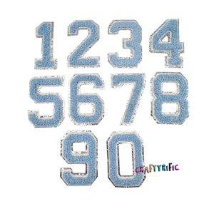 May include: Ten iron-on patches with numbers 1 through 10 in a light blue color with a white outline. The patches are made of a fuzzy material and have a silver glitter finish.