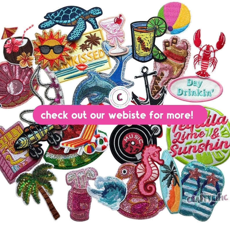May include: A collection of colorful, embroidered patches with beach and summer themes. Designs include a turtle, dolphin, cocktail, sun, lobster, anchor, seahorse, surfboard, and flip-flops. The text "check out our webiste for more!" is also visible.