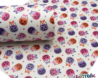 Cute Pumpkin Candy Bucket Faux Leather Sheet, Halloween Faux Leather Sheets, Halloween Themed Leatherette for Crafts