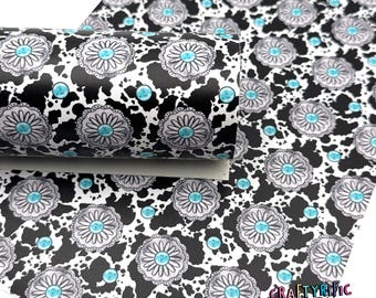 Turquoise Concho Faux Leather Sheet, Western Turquoise Cow Print Leather, Western Leather, Howdy Leather, Custom Printed Leather