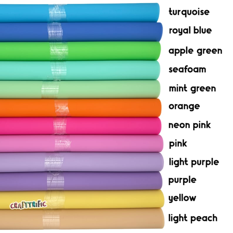 May include: A stack of 12 rolls of craft foam in various colors, including turquoise, royal blue, apple green, seafoam, mint green, orange, neon pink, pink, light purple, purple, yellow, and light peach.