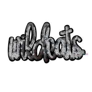 May include: Black and silver sequined iron-on patch with the word "Wildcats" in a cursive font.