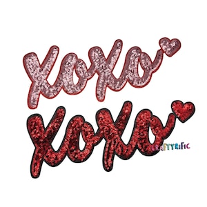 May include: Two red and pink sequined patches that spell out "XOXO" with a small heart at the end of each word.