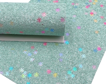 Mint Snowflakes Chunky Glitter fabric Sheets, Chunky Glitter Faux Leather, Glitter Fabric for Bows and Crafts