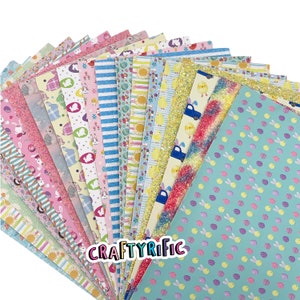May include: A collection of 25 sheets of patterned craft paper featuring Easter themes. The patterns include bunnies, eggs, chicks, flowers, and stripes in a variety of pastel colors. The paper is perfect for crafting, scrapbooking, and other creative projects.