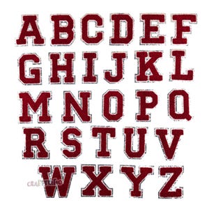 May include: A set of 26 iron-on letters in a varsity style font. The letters are red with a silver outline and are approximately 2 inches tall.