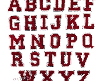 May include: A set of 26 iron-on letters in a varsity style font. The letters are red with a silver outline and are approximately 2 inches tall.