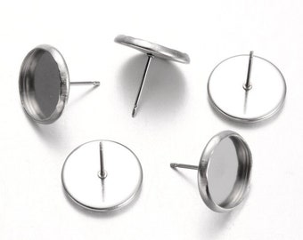 50pcs STAINLESS STEEL Earring Posts Studs 12mm, Settings Bezels Cabochons, 12 mm Glue Pad Setting, 25 Pairs Pack