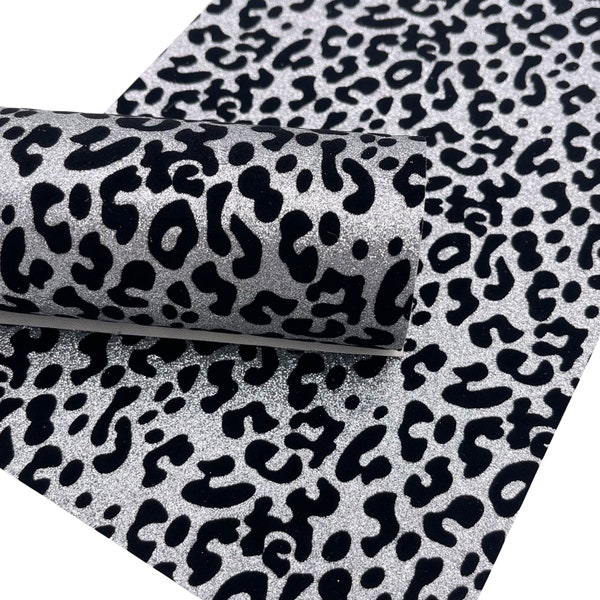 Silver Leopard Flocked Fine Glitter Sheets, Vegan Leather Sheets, Faux Leather, Leather for Earrings