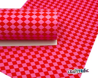 Red Argyle Faux Leather Sheet, Valentine Day Print Leatherette, Faux Leather for Crafts