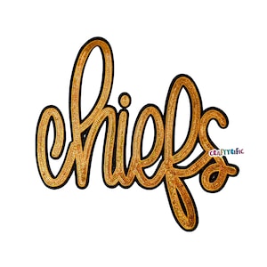 May include: Gold sequined "Chiefs" script with a black outline, set against a white background. The word is in a cursive font, with the "Craftyrific" logo in the lower right corner.