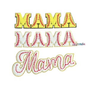 May include: Three embroidered iron-on patches with the word "Mama" in different styles. The patches are white with red stitching and a yellow outline. The word "Mama" is spelled out in block letters, in block letters with a baseball stitch design, and in a cursive script with a baseball stitch design.