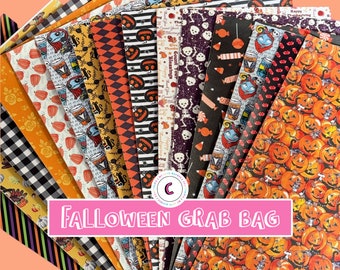 May include: A variety pack of Halloween themed fabric scraps. The fabric scraps feature different patterns including pumpkins, skeletons, candy corn, and more. The fabric scraps are arranged in a fan shape and labeled "Halloween Grab Bag".