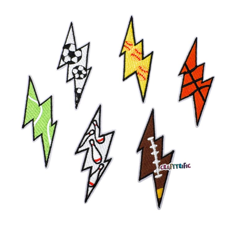 May include: Embroidered patches in the shape of lightning bolts, each featuring a different sports theme. Designs include a soccer ball, baseball, basketball, football, bowling pins, and a tennis ball. The patches have a white background.
