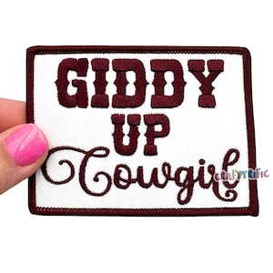 Maroon Giddy Up Cowgirl Patch, Western Patch,  Rodeo Patch, Cowgirl Patch, Trucker Hat Patches, Embroidery Patch, Iron on Patch