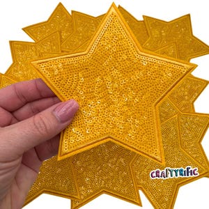 Yellow Star Patch, Sequin Star Patch, 5&quot; Inch Star Patch, Iron on patch, Jacket Patch, Trucker Hat Patch