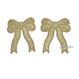 Gold Glitter Side Bow Patch Set of 2, Iron On Side Bows for Shirts, Glitter Bow Patch