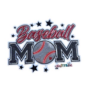 May include: Baseball Mom iron-on patch with a red, white, and black baseball design. The patch is surrounded by black stars.