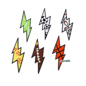 May include: Set of seven embroidered patches in the shape of lightning bolts, each featuring a different sports theme. Includes baseball, football, basketball, soccer, bowling, and tennis designs. The patches have a white background.