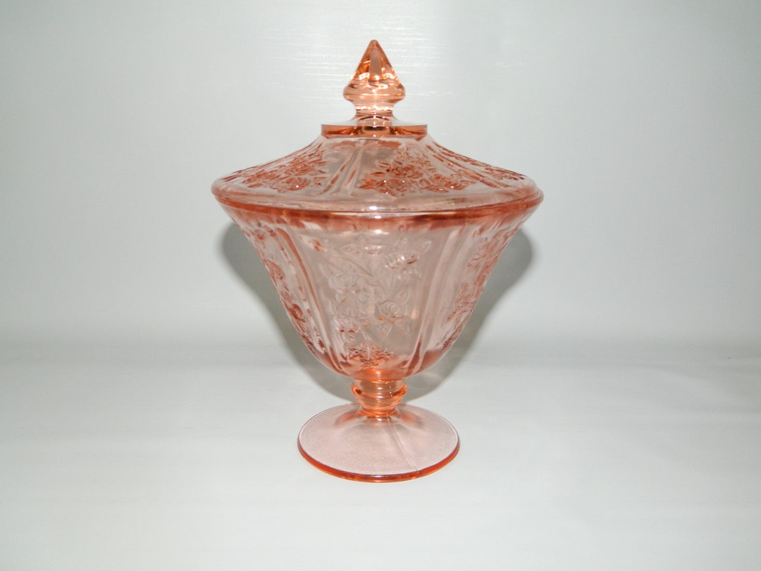 Vintage Pink Depression Glass sharon Cabbage Rose Candy Dish or Jar