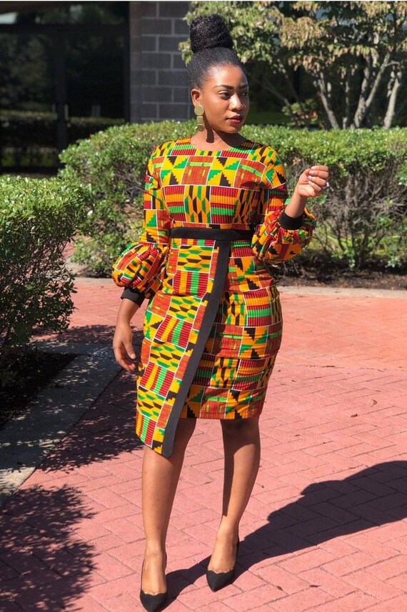 Mid Length Dashiki Dress Bespoke Kente Mini Bishop Sleeves Dress African Women s Dress Handmade Dashiki Dress African Women Clothing Etsy
