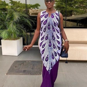 Long dashiki dress, Purple and white Ankara dress, handmade Bespoke dress, African women clothing