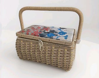 Vintage Sewing Basket/Box  Flower And Butterfly Motif Includes Tray