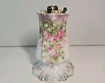 Antique Victorian Hatpin Holder With  15 Pins. Porcelain Marked Royal Vienna