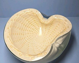 Vtg MCM Murano  Cased Glass Bowl, White/Ivory  With Gold Adventurine