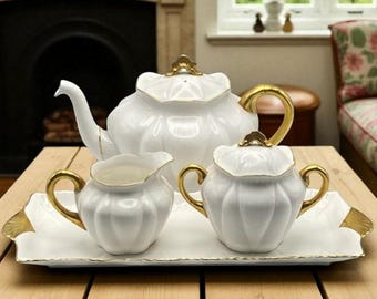 Shelley White & Gold Regency Dainty Tea Set: 4-Cup Teapot, Sugar, Creamer, Sandwich Tray