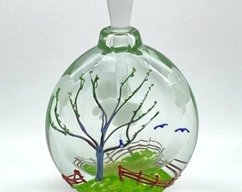 Matthew Buechner Thames Art Glass Perfume Bottle (Signed, Vintage 1983) Tree, Fence,  Birds & Clouds