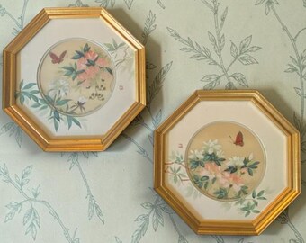 Matched Set: Anton Wang Watercolor on Silk Paintings – Artist Signature and Chop Mark (Artist Framed and Matted in Vintage Octagon Frames)