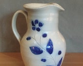 Williamsburg Pottery Salt Glaze Stoneware Pitcher (Vintage Salt Glaze Pottery Leaf and Flower Design)