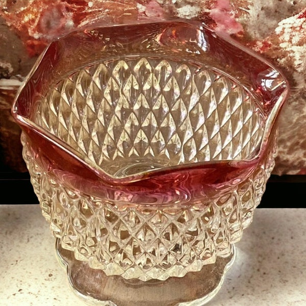 Vintage Indiana Glass Diamond Point Ruby Candle Bowl (MCM, Candle Holder, Tapers, Ruby Flash)