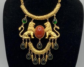 Donald Stannard "Twin Lions" Haute Couture Massive Vintage Statement Necklace RARE Judas Lions Red and Green Cabochons