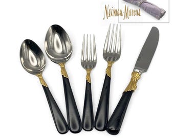 Service for 15! Yamazaki "Lindi" Black Handle Gold Accent 75-Piece Set from Neiman Marcus with Individual Storage Pouches