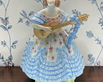 Herend Deryne (Mrs. Dery) Large 14-inch Porcelain Figure with Guitar/Mandolin (Blue Gown, Floral Motifs) Ligeti, Early Mark, Vintage #5753