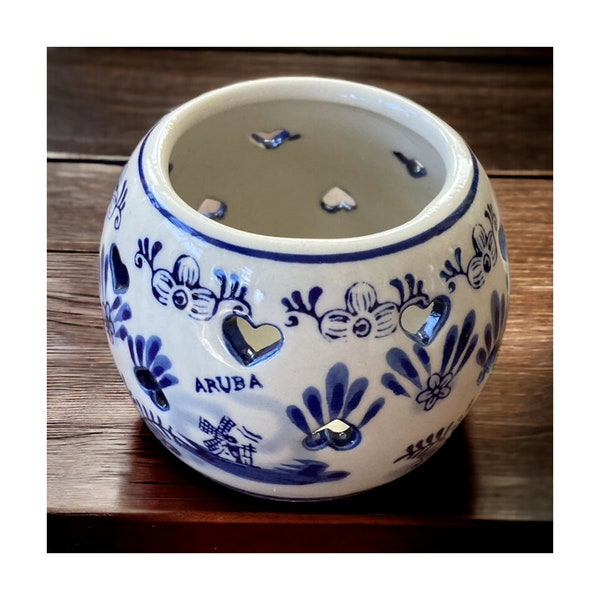 Vintage Delft Souvenir Blue & White Votive Holder (Cutout Hearts, Aruba, Flowers, Windmills, 015061-A)