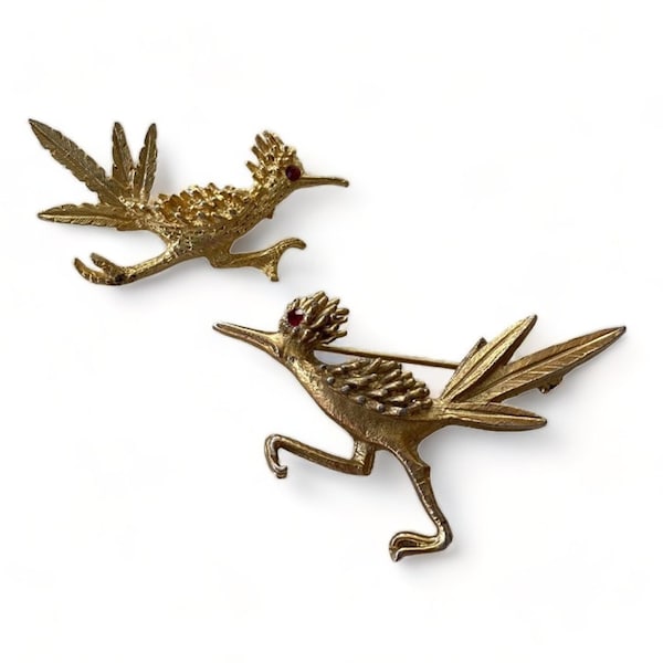 Pair of Two (2) Mid Century Roadrunner Brooches/Pins (Scatter pins, Figural, Brooch Set, Jewelry Lot, Goldtone )