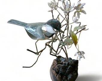 Large (10”) 1950s Norman Brumm "Black Capped Chickadee" with White Shadblow Flowers on Driftwood Stand (Signed/Vintage/Enamel on Copper)