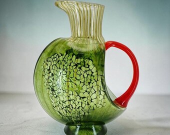 Kosta Boda by Kjell Engman "Corfu" Jug Vase (Vintage Signed Art Glass Pitcher Ewer) Green With Orange Handle #7080512