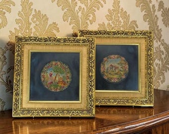 Pair of Victorian Style Petit Point Micro Needlepoint Framed Pictures (Vintage Framed Tapestry)