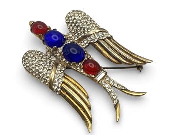 1940s Crown Trifari Alfred Philippe Signed WW2 Patriotic Swooping Bird Brooch/Pin with Jelly Belly Cabochons and Pavé Rhinestones