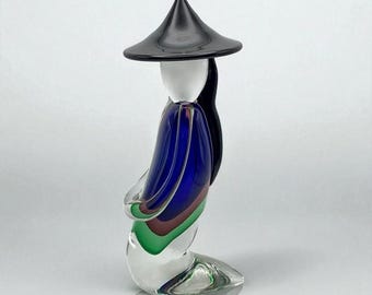 Oball Murano Luigi Onesto Asian Kneeling Figure - Rainbow Sommerso Glass Sculpture (Signed)