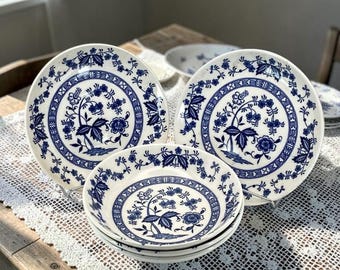 Five "Blue Angel" by Present (Blue Onion Pattern) Blue and White Dishes (Japan) Vintage 1970s/1980s