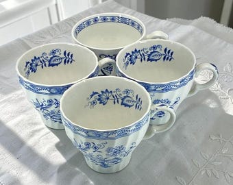 Four Vintage"Blue Fjord"/"Blue Nordic" (Blue Onion) Blue and White Teacups (Wood & Sons, Meakin - England)