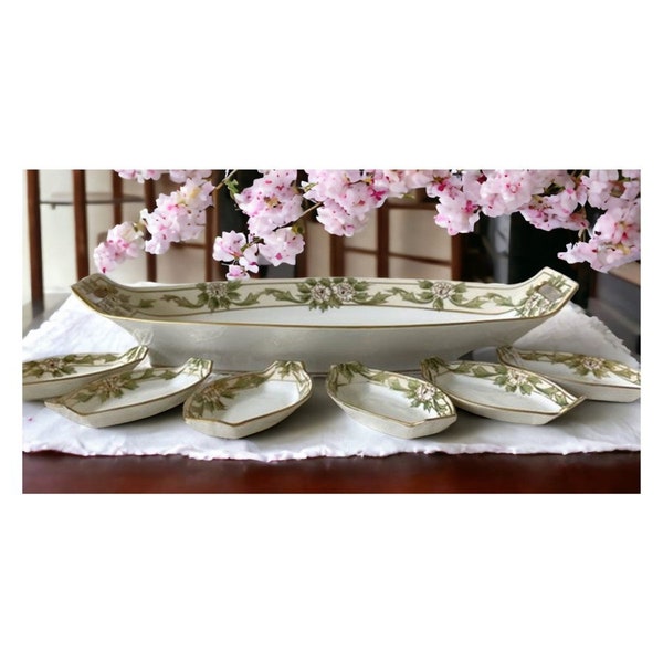 Antique Moriage Nippon Celery Dish with Six Matching Salts (Japan, ca 1910/Spoke Nippon/Hand Painted/Peony Pattern)