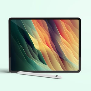 May include: A white tablet computer with a black bezel and a colorful abstract design on the screen. A white stylus is lying in front of the tablet.