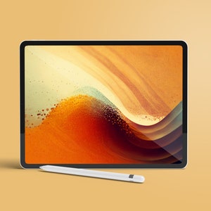 May include: A white tablet computer with a black bezel and a stylus. The screen displays an abstract image of swirling orange, yellow, and brown colours.